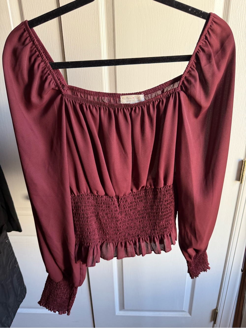 Ultra Flirt Burgundy Smocked Waist Peasant Blouse
